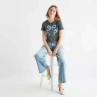 Grayson Threads, The Label Blue Glitter Bow Baby Womens Juniors Crew Neck Short Sleeve Fitted Graphic T-Shirt