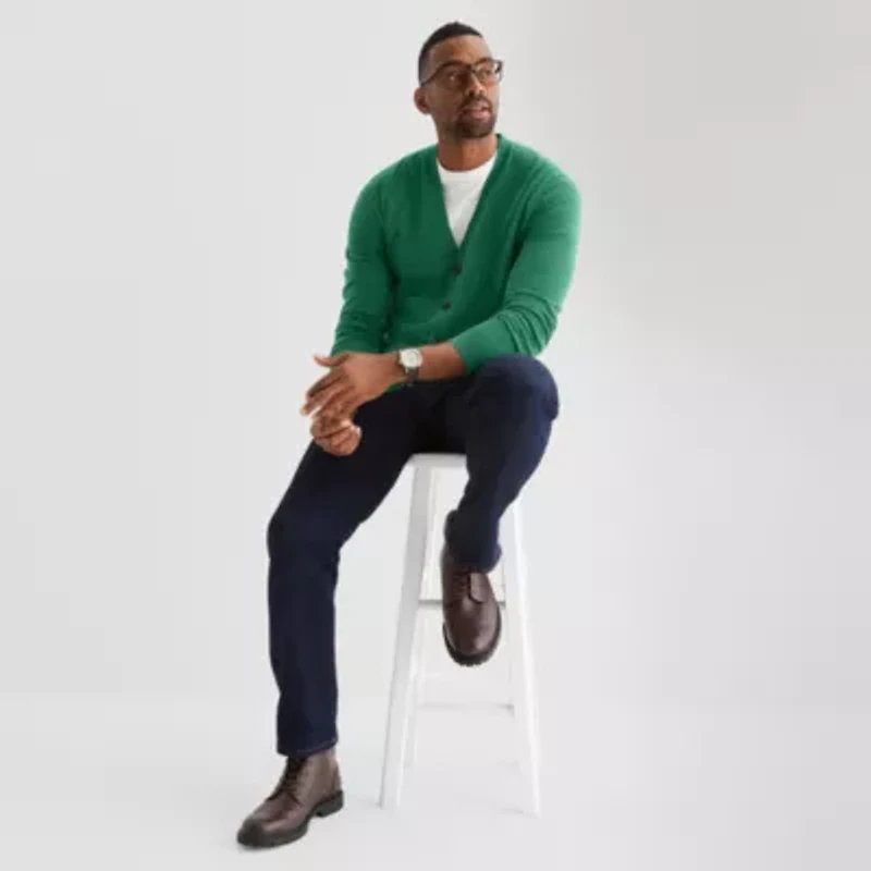 St. John's Bay Fine Gauge Mens V Neck Long Sleeve Button Cardigan