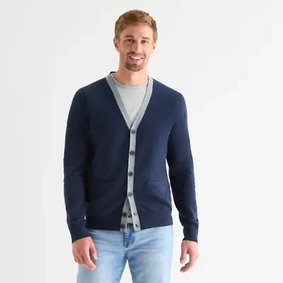 St. John's Bay Fine Gauge Blocked Mens V Neck Long Sleeve Button Cardigan