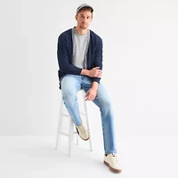 St. John's Bay Fine Gauge Blocked Mens V Neck Long Sleeve Button Cardigan