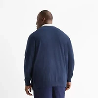 St. John's Bay Fine Gauge Block Tipping Mens V Neck Long Sleeve Button Big and Tall Cardigan