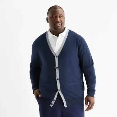 St. John's Bay Fine Gauge Block Tipping Mens V Neck Long Sleeve Button Big and Tall Cardigan