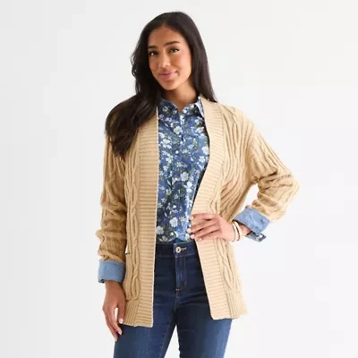 St. John's Bay Womens Long Sleeve Open Front Cable Knit Cardigan