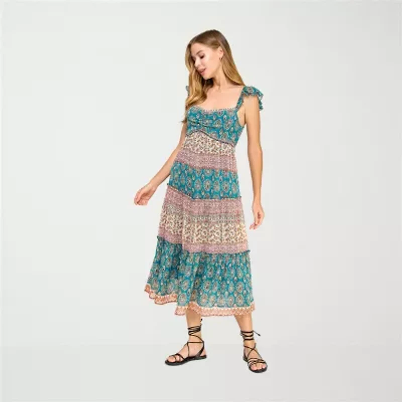 City Triangle Womens Sleeveless Paisley Midi Juniors Fit + Flare Dress