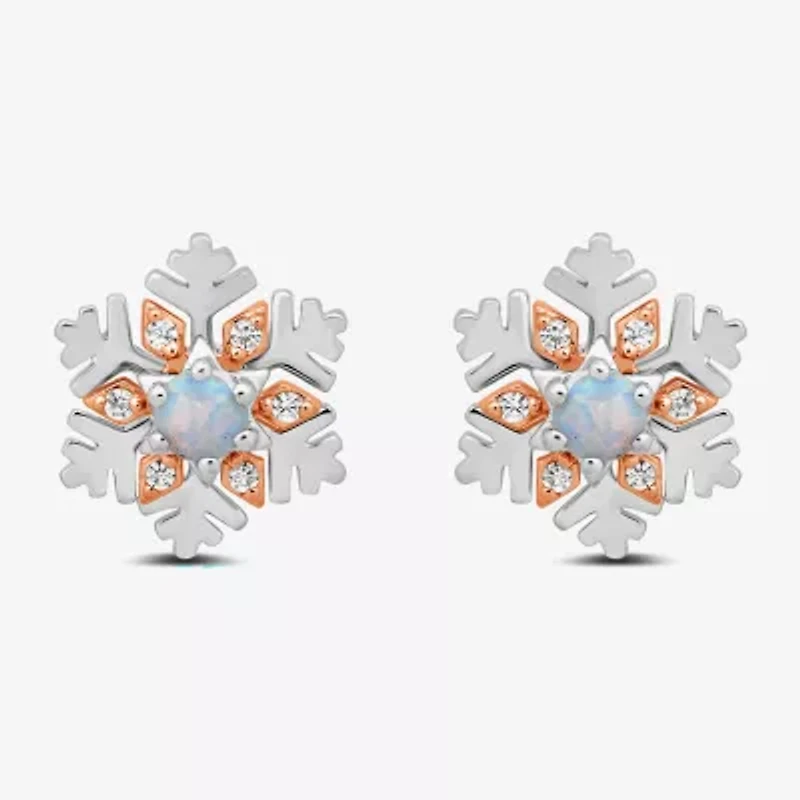 Enchanted Disney Fine Jewelry Diamond Accent Lab Created White Opal 10K Rose Gold Sterling Silver 10.9mm Flower Princess Elsa Frozen Stud Earrings