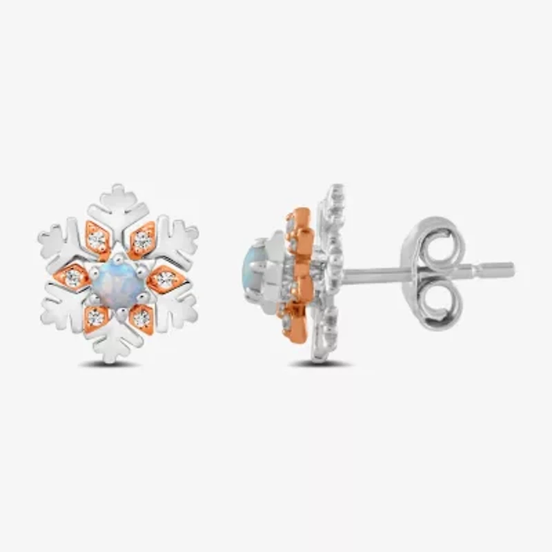 Enchanted Disney Fine Jewelry Diamond Accent Lab Created White Opal 10K Rose Gold Sterling Silver 10.9mm Flower Princess Elsa Frozen Stud Earrings