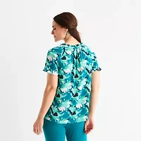 Liz Claiborne Womens Split Tie Neck Short Sleeve Blouse