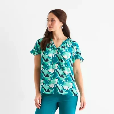 Liz Claiborne Womens Split Tie Neck Short Sleeve Blouse