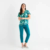 Liz Claiborne Womens Split Tie Neck Short Sleeve Blouse
