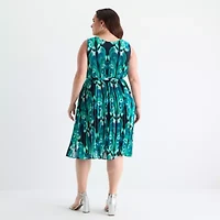 Liz Claiborne Womens Short Sleeve Midi Paisley Plus A-Line Dress