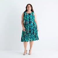 Liz Claiborne Womens Short Sleeve Midi Paisley Plus A-Line Dress