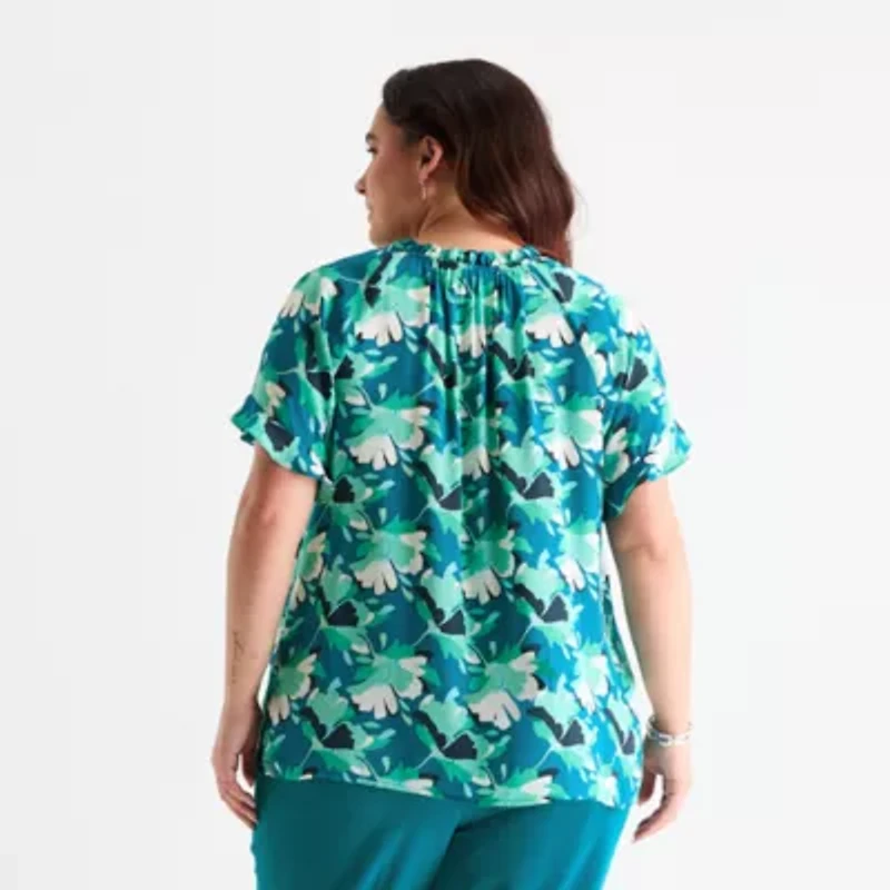 Liz Claiborne Womens Plus Split Tie Neck Short Sleeve Blouse