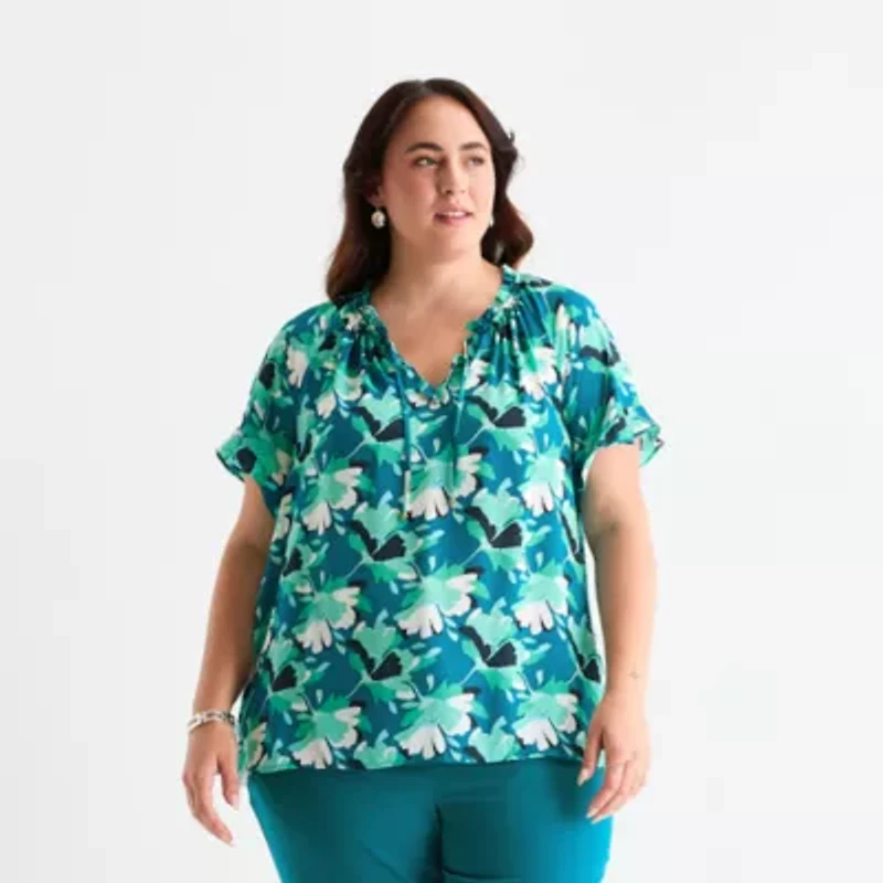 Liz Claiborne Womens Plus Split Tie Neck Short Sleeve Blouse