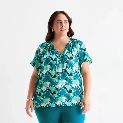 Liz Claiborne Womens Plus Split Tie Neck Short Sleeve Blouse