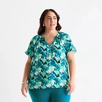 Liz Claiborne Womens Plus Split Tie Neck Short Sleeve Blouse