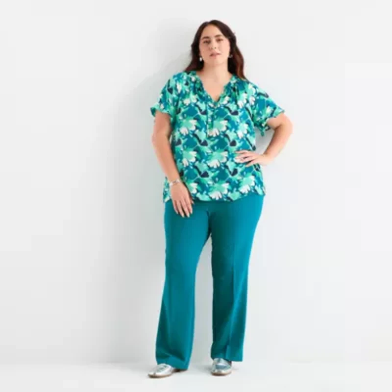 Liz Claiborne Womens Plus Split Tie Neck Short Sleeve Blouse
