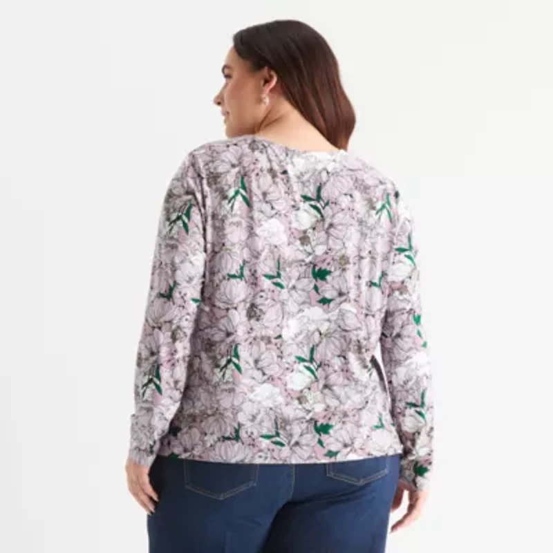 Liz Claiborne Womens Plus Round Neck Long Sleeve Blouse