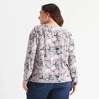 Liz Claiborne Womens Plus Round Neck Long Sleeve Blouse