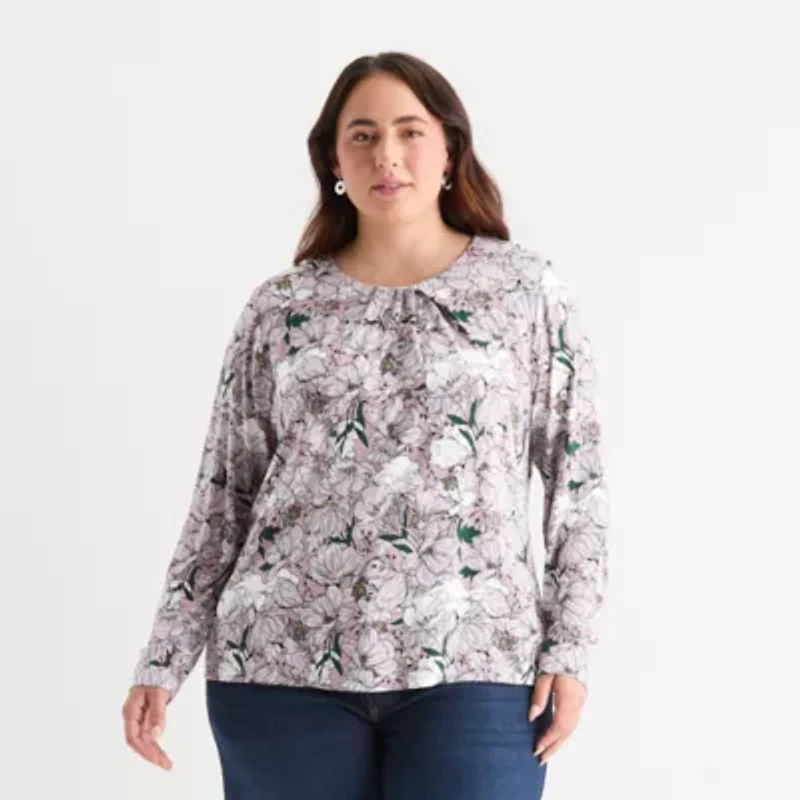 Liz Claiborne Womens Plus Round Neck Long Sleeve Blouse