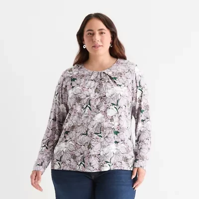 Liz Claiborne Womens Plus Round Neck Long Sleeve Blouse