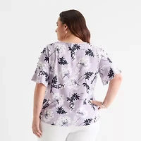 Liz Claiborne Womens Plus Boat Neck Elbow Sleeve Blouse