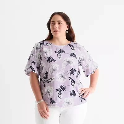 Liz Claiborne Womens Plus Boat Neck Elbow Sleeve Blouse