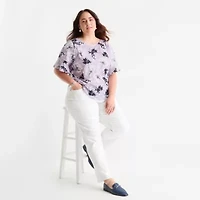 Liz Claiborne Womens Plus Boat Neck Elbow Sleeve Blouse