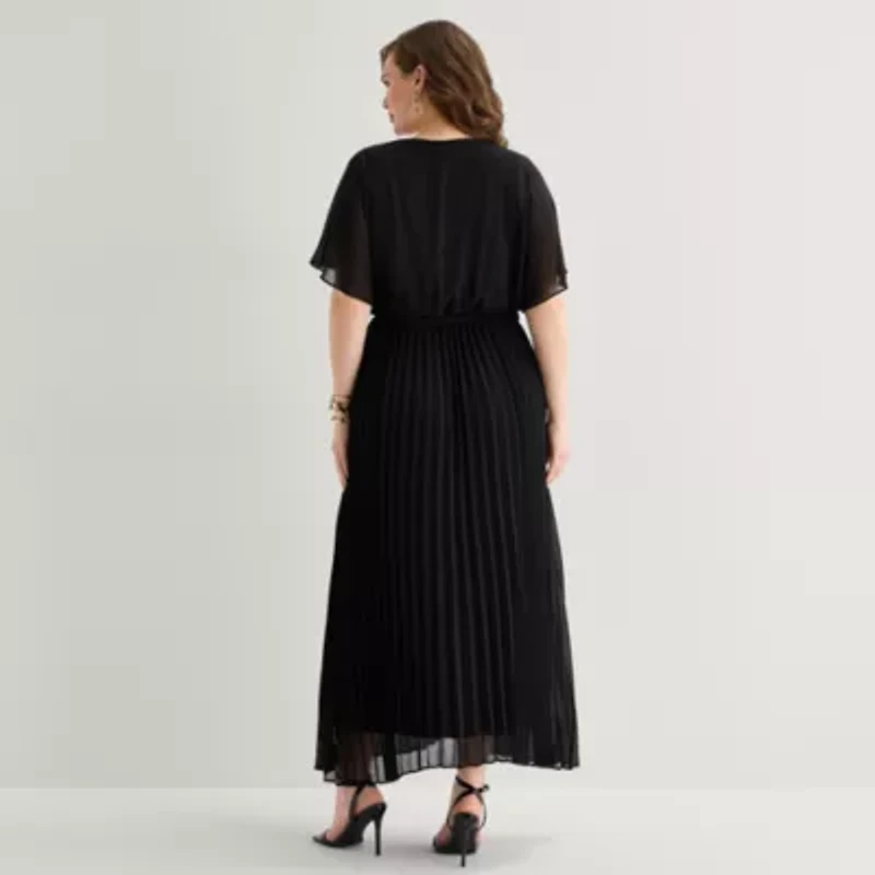 Sandra Darren Womens Plus V Neck Short Sleeve Flutter Maxi Dress