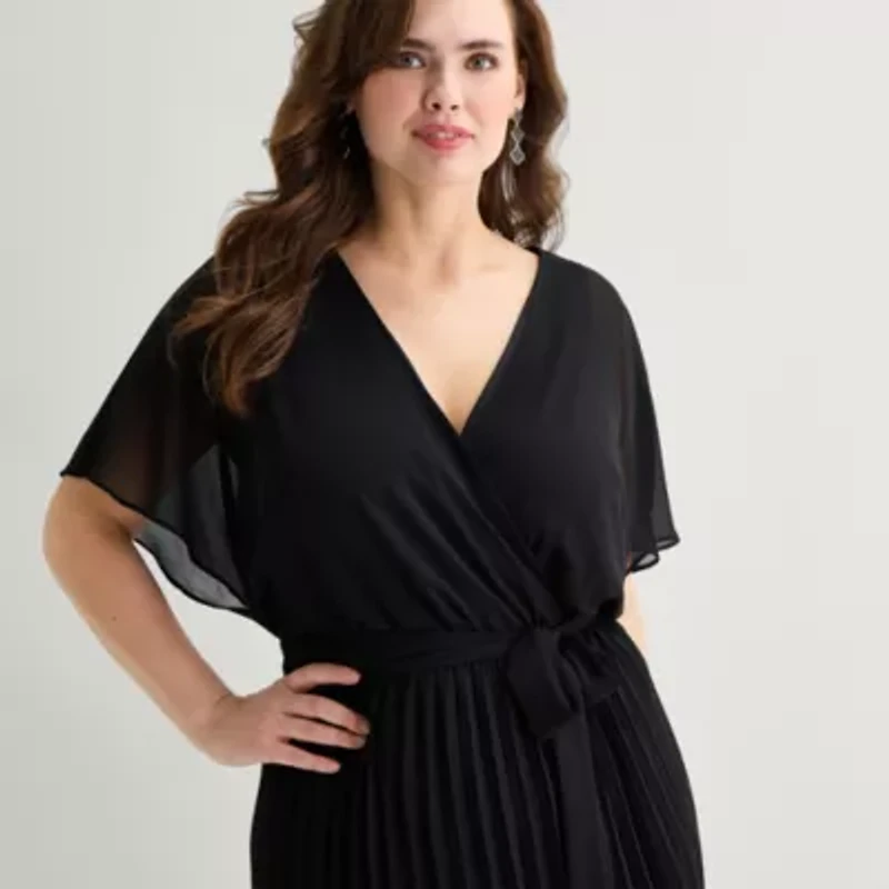 Sandra Darren Womens Plus V Neck Short Sleeve Flutter Maxi Dress