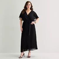 Sandra Darren Womens Plus V Neck Short Sleeve Flutter Maxi Dress