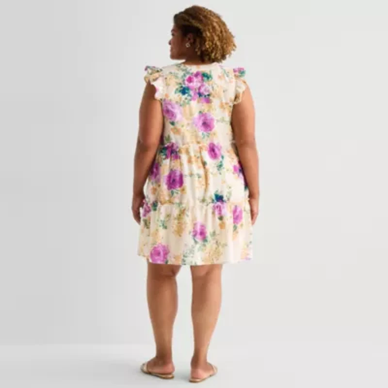 Sandra Darren Womens Plus V Neck Sleeveless Flutter Floral Fit + Flare Dress