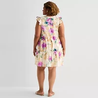 Sandra Darren Womens Plus V Neck Sleeveless Flutter Floral Fit + Flare Dress