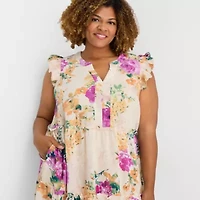 Sandra Darren Womens Plus V Neck Sleeveless Flutter Floral Fit + Flare Dress