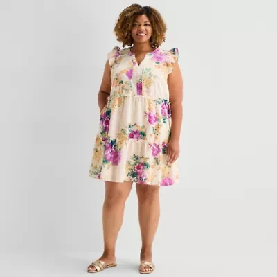 Sandra Darren Womens Plus V Neck Sleeveless Flutter Floral Fit + Flare Dress