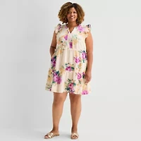 Sandra Darren Womens Plus V Neck Sleeveless Flutter Floral Fit + Flare Dress