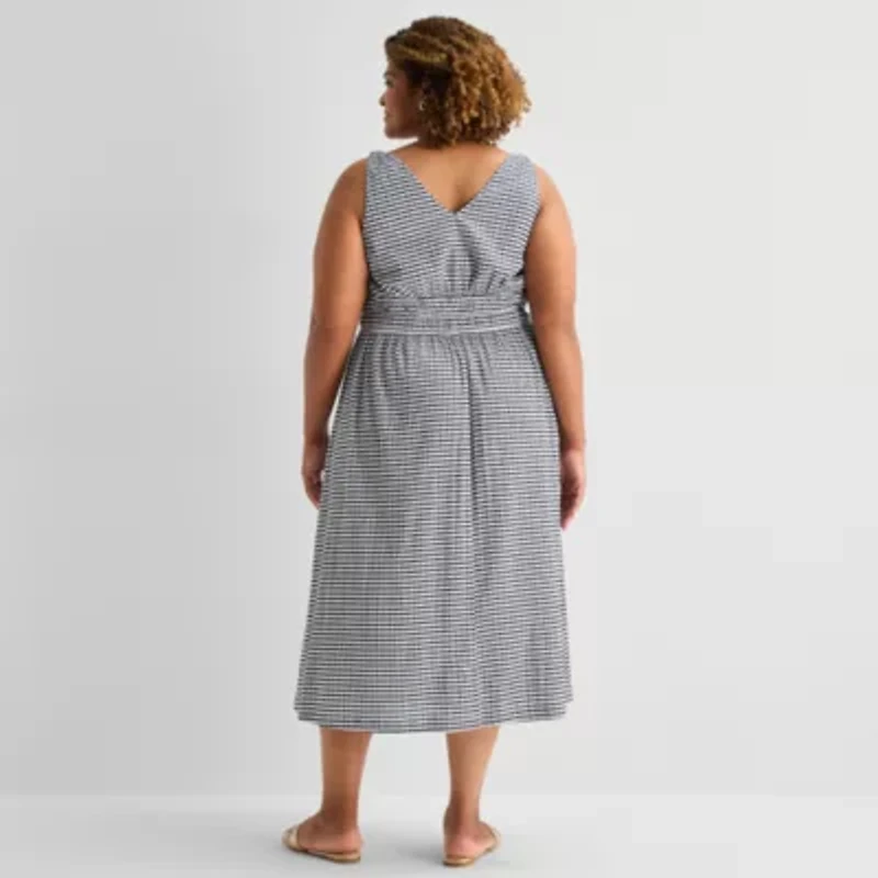 5th + Madison Edit Womens Plus Midi V Neck Sleeveless Plaid Fit Flare Dress
