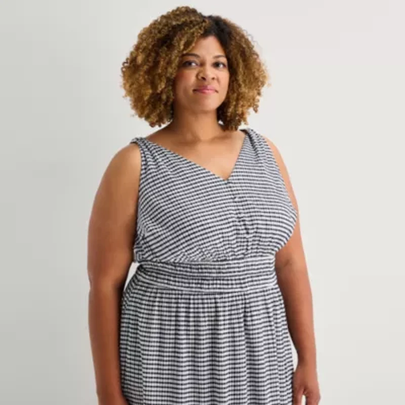 5th + Madison Edit Womens Plus Midi V Neck Sleeveless Plaid Fit Flare Dress