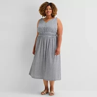 5th + Madison Edit Womens Plus Midi V Neck Sleeveless Plaid Fit Flare Dress