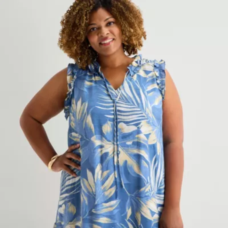 Sandra Darren Womens Plus V Neck Sleeveless Floral Shift Dress