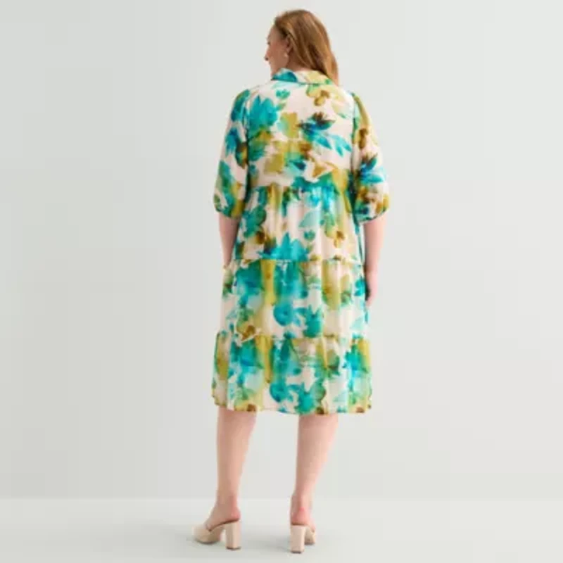 Sandra Darren Womens Plus 3/4 Sleeve Midi Abstract Shirt Dress