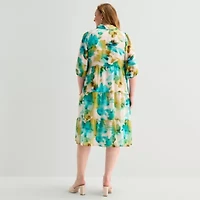 Sandra Darren Womens Plus 3/4 Sleeve Midi Abstract Shirt Dress