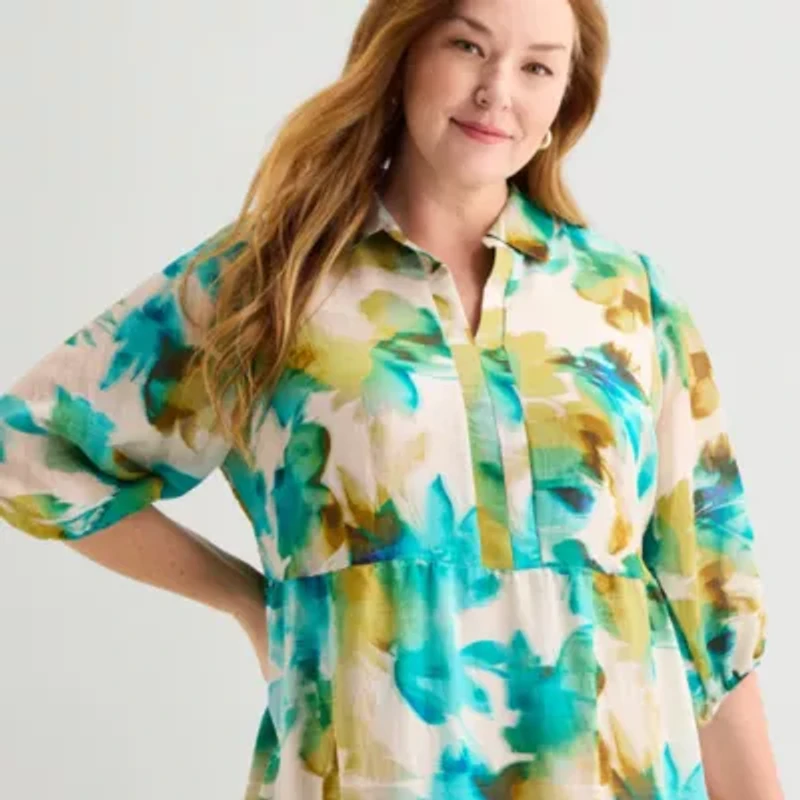 Sandra Darren Womens Plus 3/4 Sleeve Midi Abstract Shirt Dress