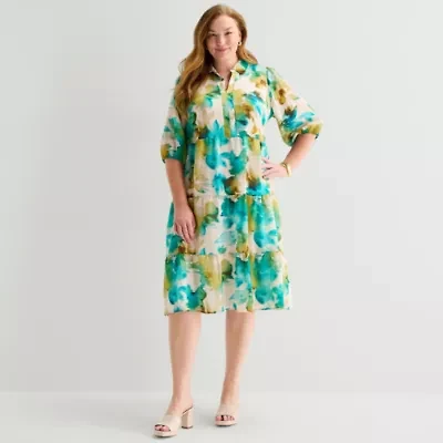 Sandra Darren Womens Plus 3/4 Sleeve Midi Abstract Shirt Dress