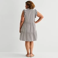 5th + Madison Edit Womens Plus Sleeveless Striped Shirt Dress