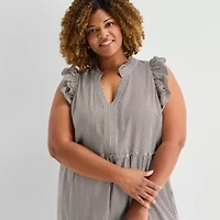 5th + Madison Edit Womens Plus Sleeveless Striped Shirt Dress