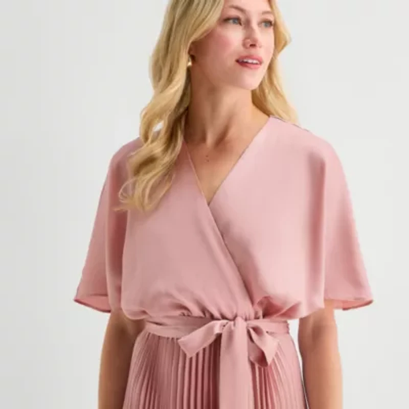 Sandra Darren Womens Petite V Neck Short Sleeve Flutter Maxi Dress