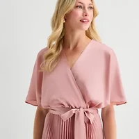 Sandra Darren Womens Petite V Neck Short Sleeve Flutter Maxi Dress