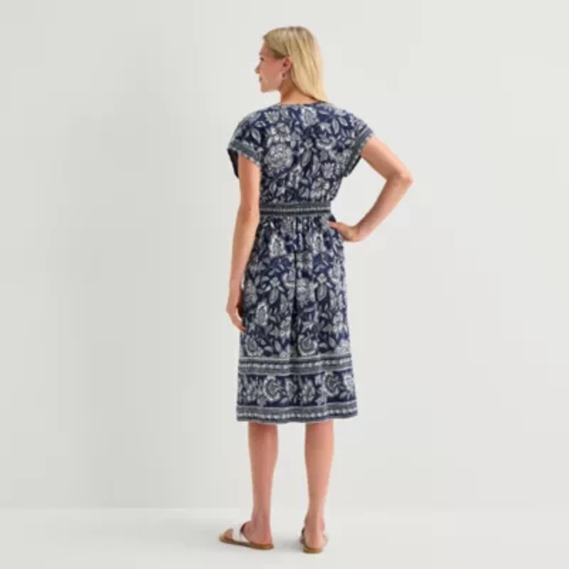5th + Madison Edit Womens Petite Midi V Neck Sleeveless Cuffed Abstract Fit Flare Dress