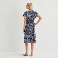5th + Madison Edit Womens Petite Midi V Neck Sleeveless Cuffed Abstract Fit Flare Dress