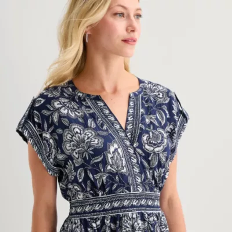 5th + Madison Edit Womens Petite Midi V Neck Sleeveless Cuffed Abstract Fit Flare Dress